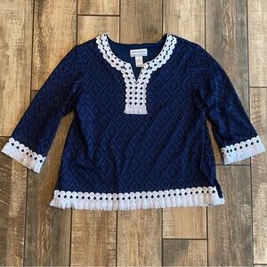 Alfred Dunner Navy and White Crochet Detail Top